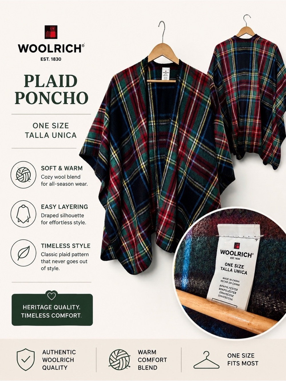 Woolrich Plaid Ruana Poncho Shawl Wrap One Size Cozy Layering